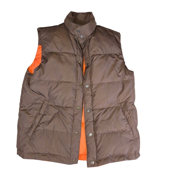 Reversible Aero Mens Brown Puffer Vest Full Button Up Orange Lining Casual - Picture 1 of 5
